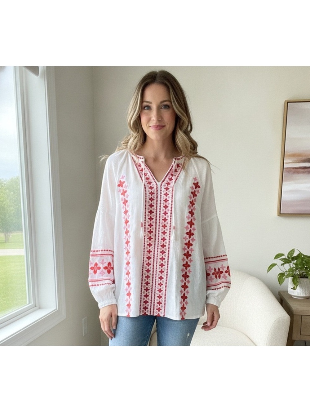 Boden White Long Sleeve Bohemian Embroidered Peasant Blouse Sz 14
